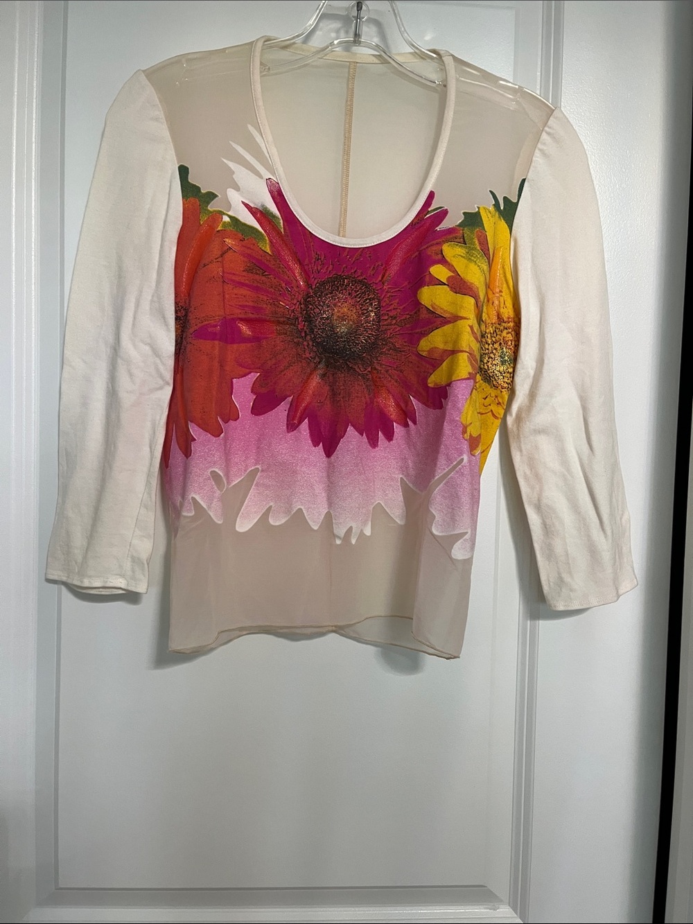 Floral Mesh Front Scoop Neck Top in Cream with Pink & Yellow Flowers